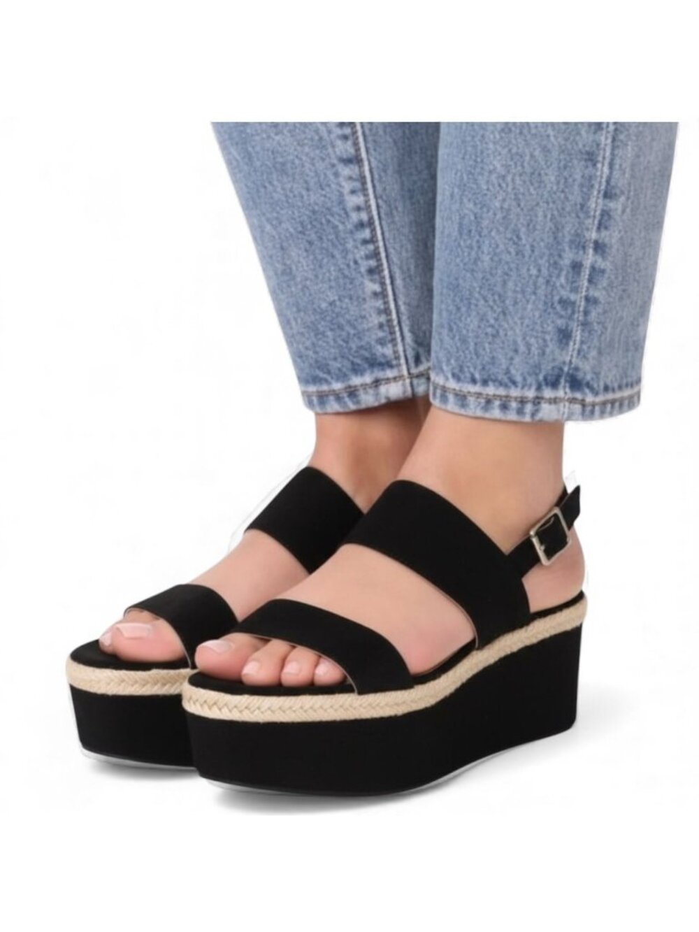Alice + Olivia Anastasia Flatforms Suede Platform Sandals Jute Trim Black  7.5